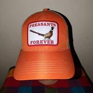 Pheasants Forever Stitched Patch Trucker Mesh Snapback Hat Tan Orange
